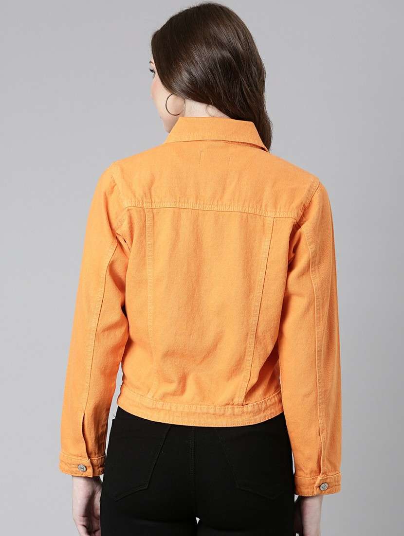 women orange solid denim jacket - 20610397 -  Standard Image - 2