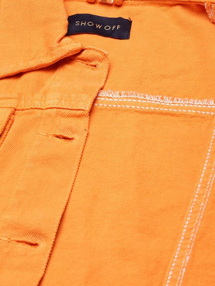 women orange solid denim jacket - 20610397 -  Standard Image - 7