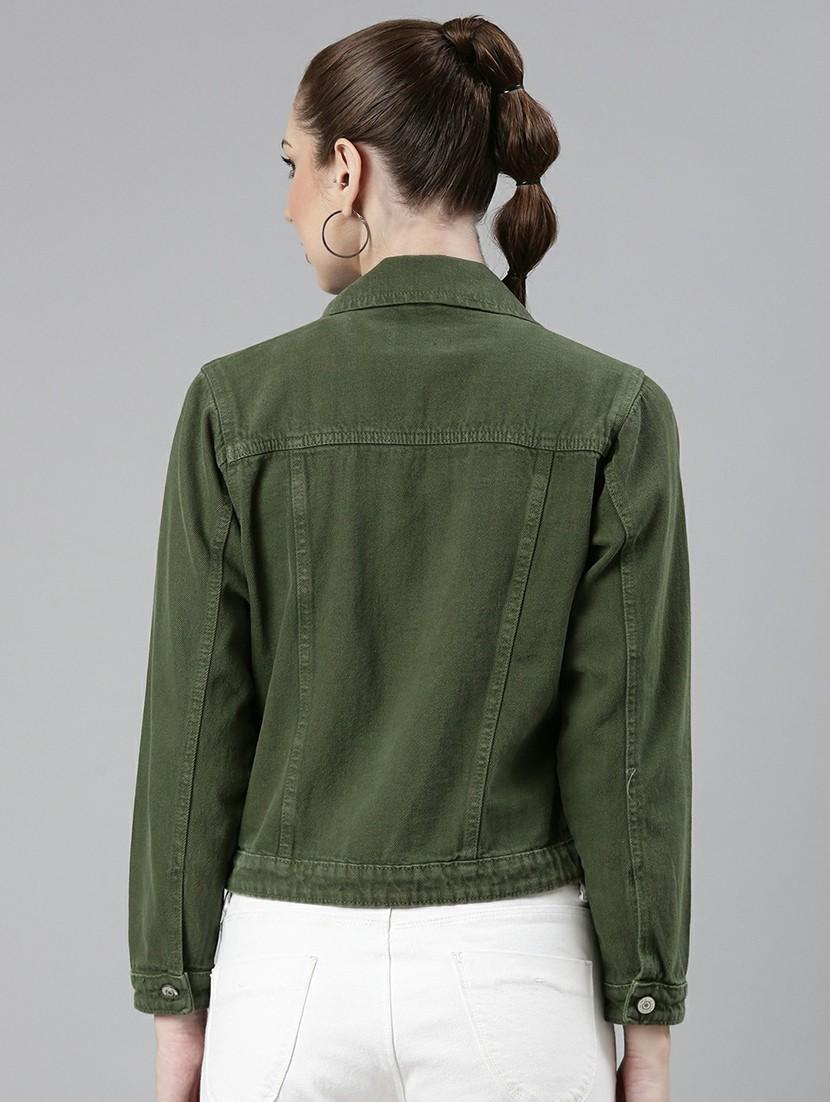 women green solid denim jacket - 20610399 - Standard Image - 2
