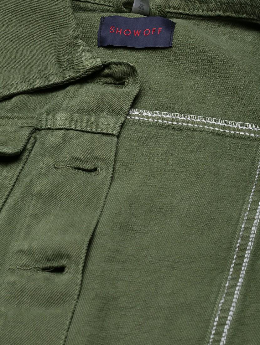women green solid denim jacket - 20610399 - Standard Image - 7