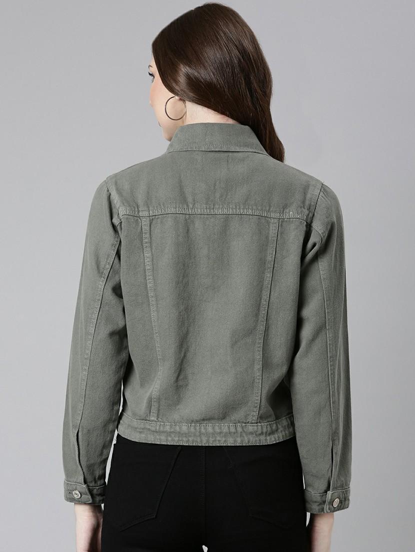 women grey solid denim jacket - 20610400 - Standard Image - 2