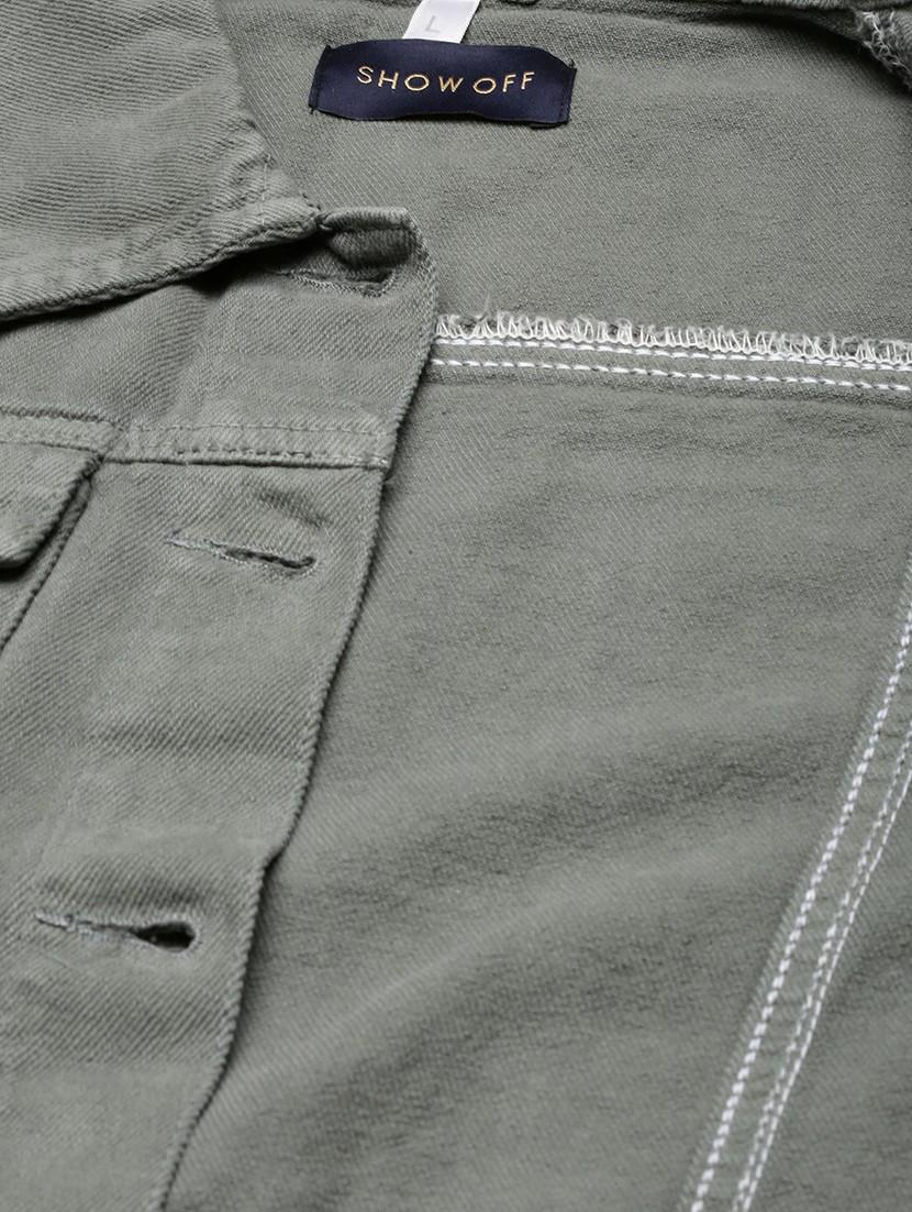 women grey solid denim jacket - 20610400 - Standard Image - 7