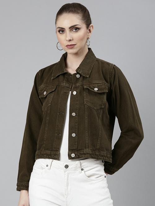 women brown solid denim jacket - 20610401 - Standard Image - 0