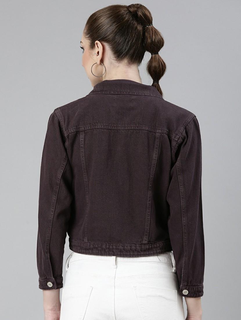 women purple solid denim jacket - 20610402 - Standard Image - 2