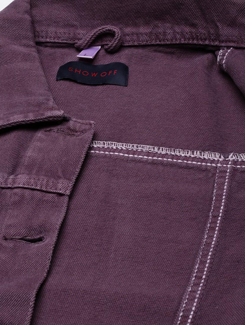 women purple solid denim jacket - 20610404 - Standard Image - 7