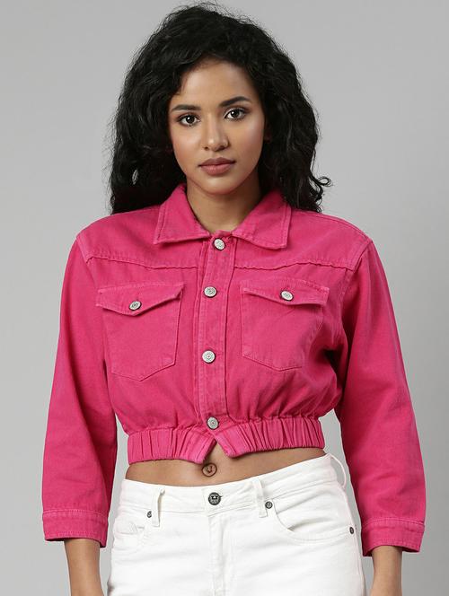 women fuchsia solid denim jacket - 20610405 -  Standard Image - 0