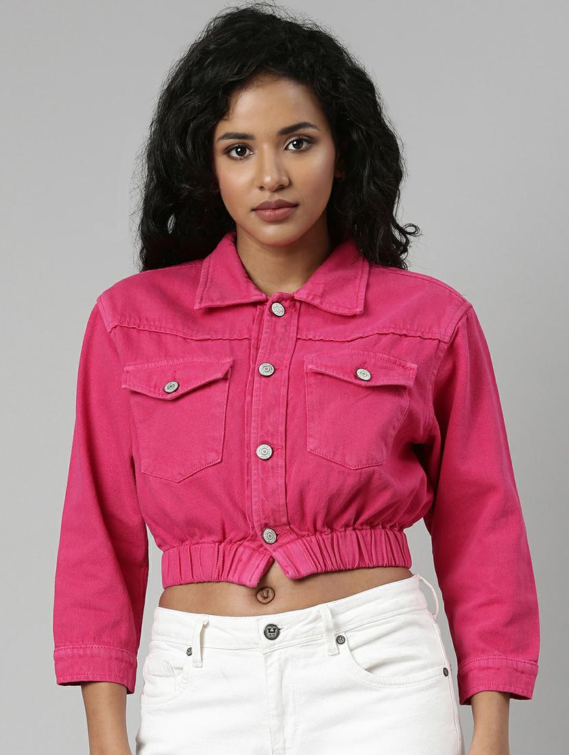 women fuchsia solid denim jacket - 20610405 -  Zoom Image - 0