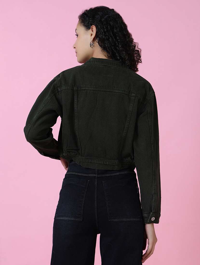 women green solid denim jacket - 20610409 -  Standard Image - 2