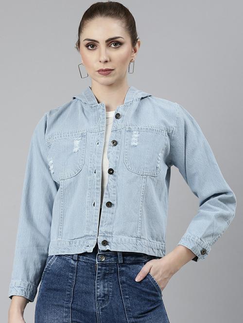 women light blue solid hooded denim jacket - 20610414 -  Standard Image - 0