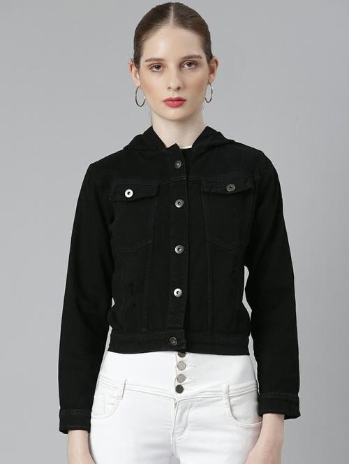 women black solid hooded denim jacket - 20610415 -  Standard Image - 0
