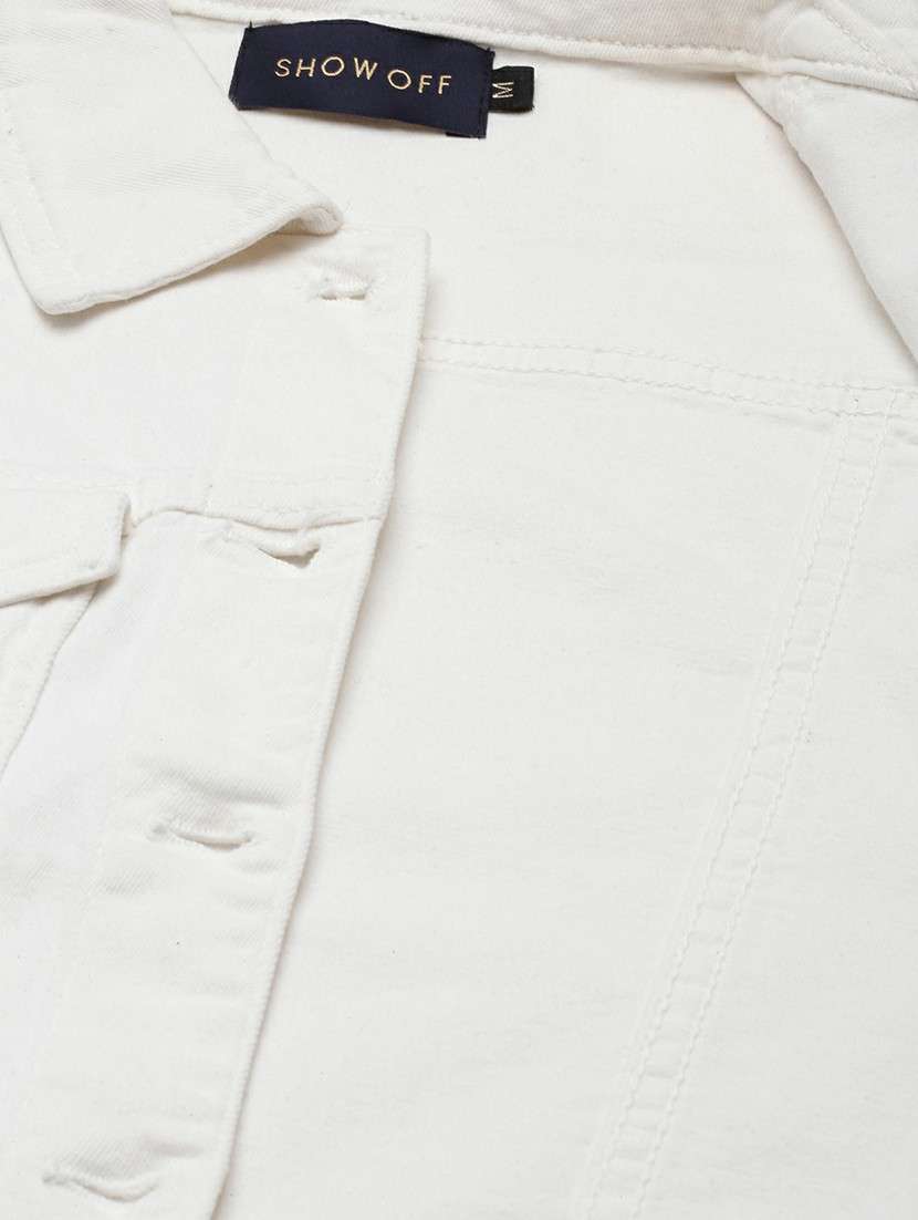 women white solid denim jacket - 20610417 - Standard Image - 7