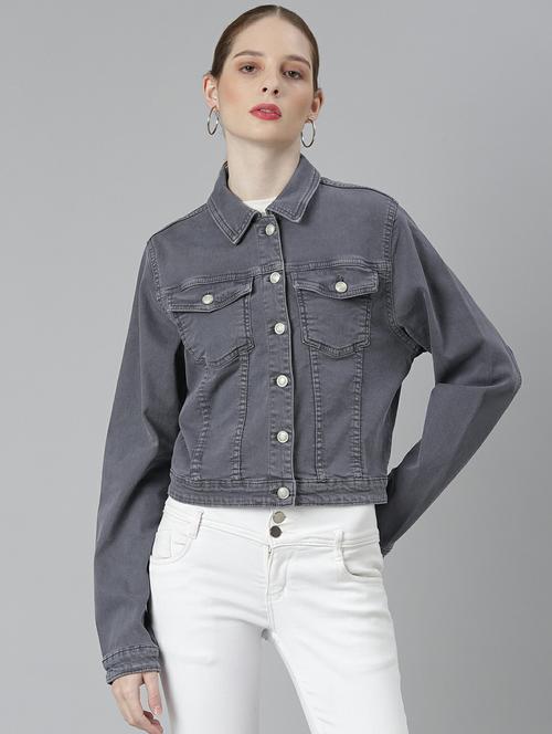 women grey solid denim jacket - 20610419 -  Standard Image - 0
