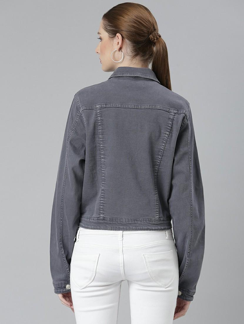 women grey solid denim jacket - 20610419 - Standard Image - 2