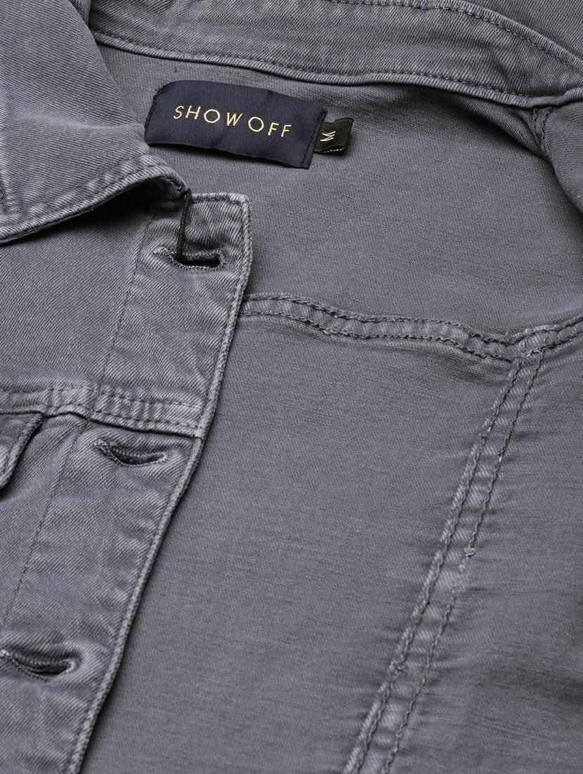 women grey solid denim jacket - 20610419 - Standard Image - 7