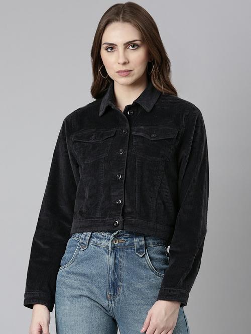 women charcoal solid regular jacket - 20610428 - Standard Image - 0