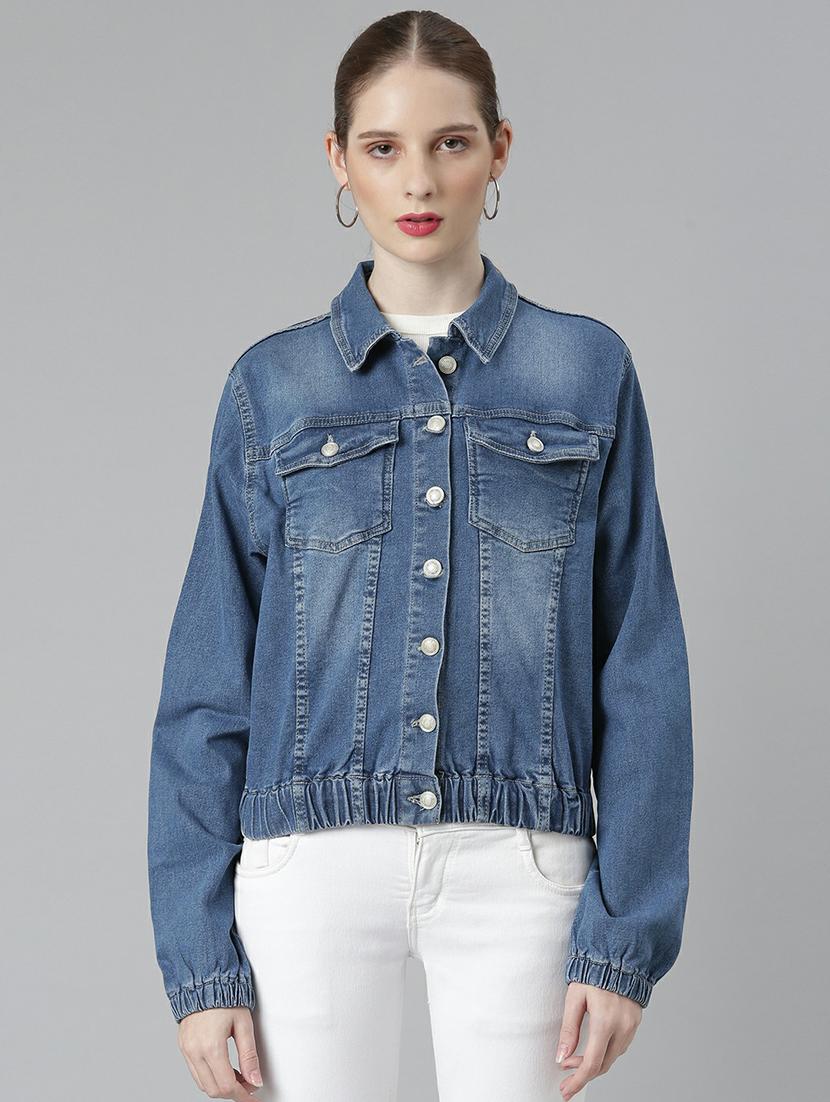 women blue solid denim jacket - 20610432 - Zoom Image - 0