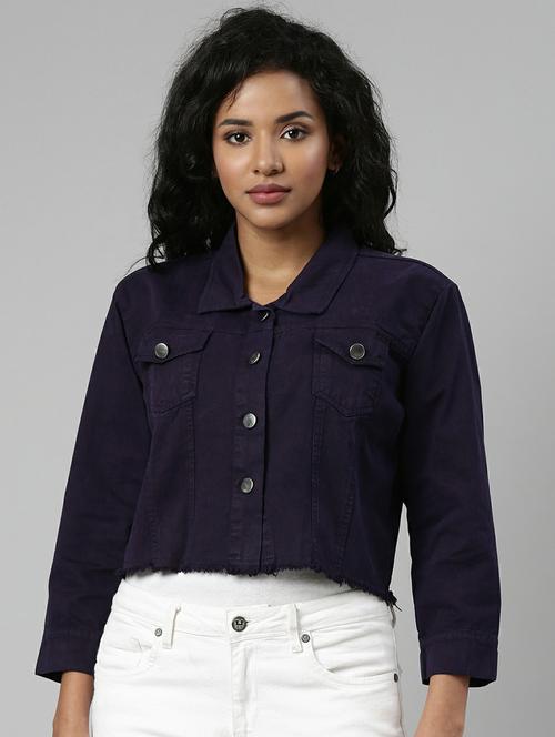 women purple solid denim jacket - 20610436 - Standard Image - 0