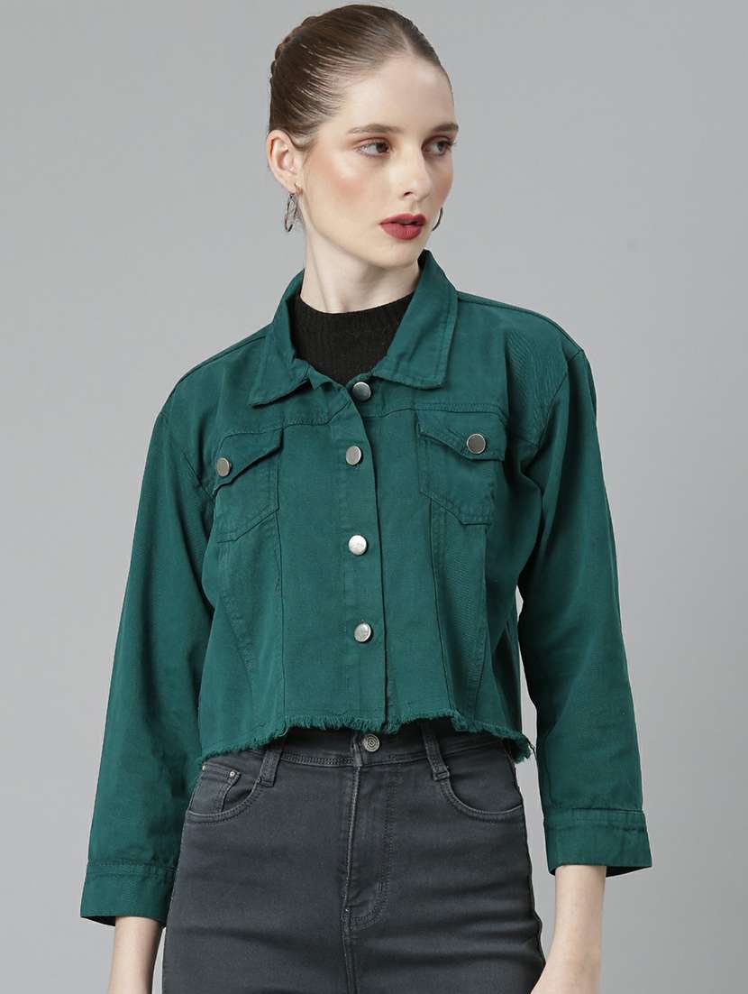 women green solid denim jacket