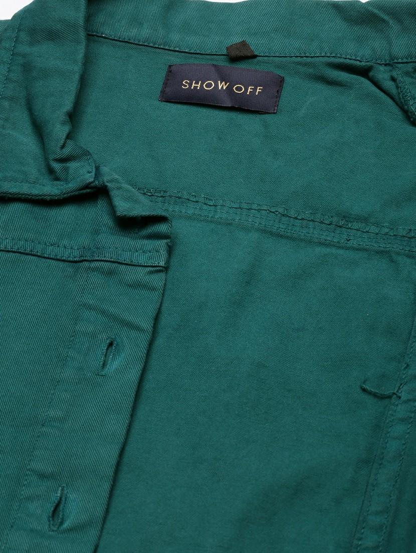 women green solid denim jacket - 20610437 - Standard Image - 7