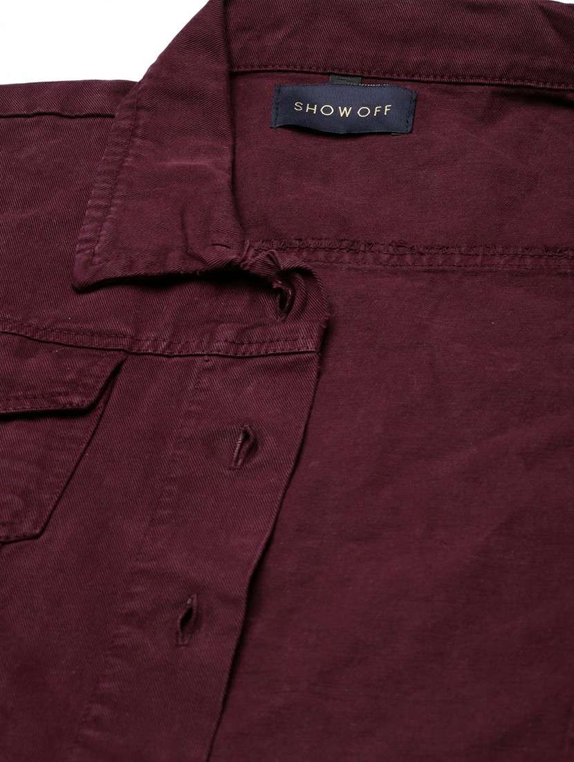 women maroon solid denim jacket - 20610438 - Standard Image - 7