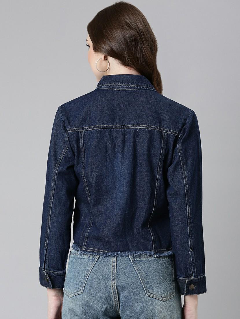 women navy blue solid denim jacket - 20610440 - Standard Image - 2