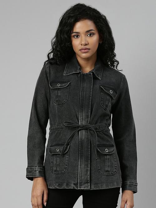 women charcoal solid denim jacket - 20610442 -  Standard Image - 0