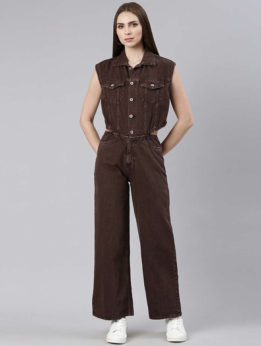 women coffee brown denim full leg jumpsuit
