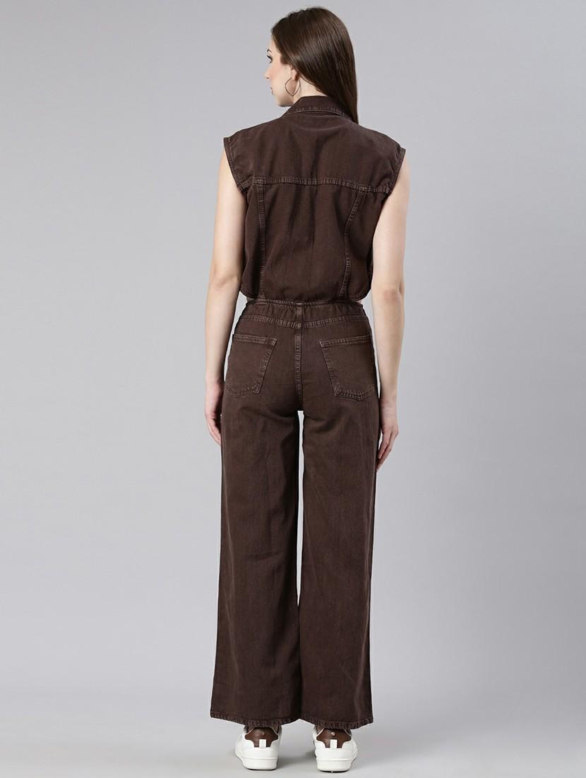 women coffee brown denim full leg jumpsuit - 20610457 - Standard Image - 2