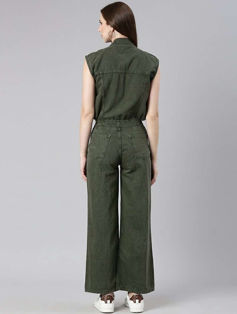 women olive denim full leg jumpsuit - 20610458 -  Standard Image - 2