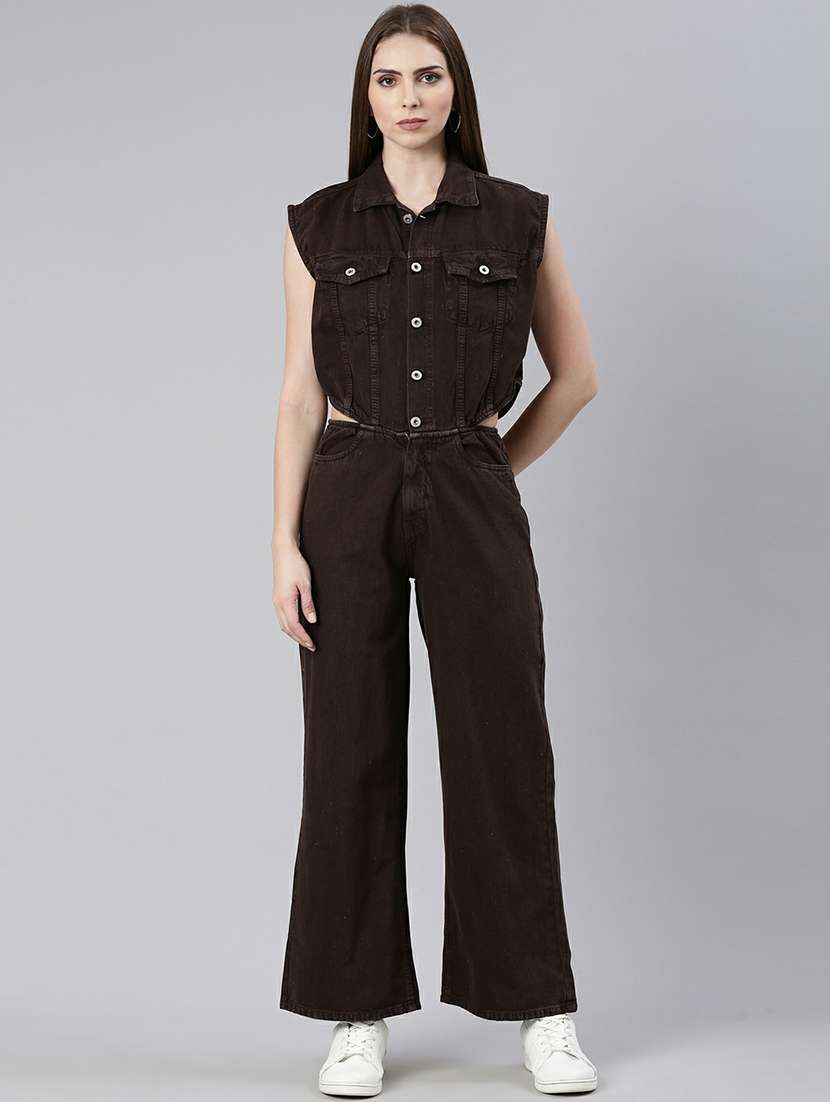 women coffee brown denim full leg jumpsuit
