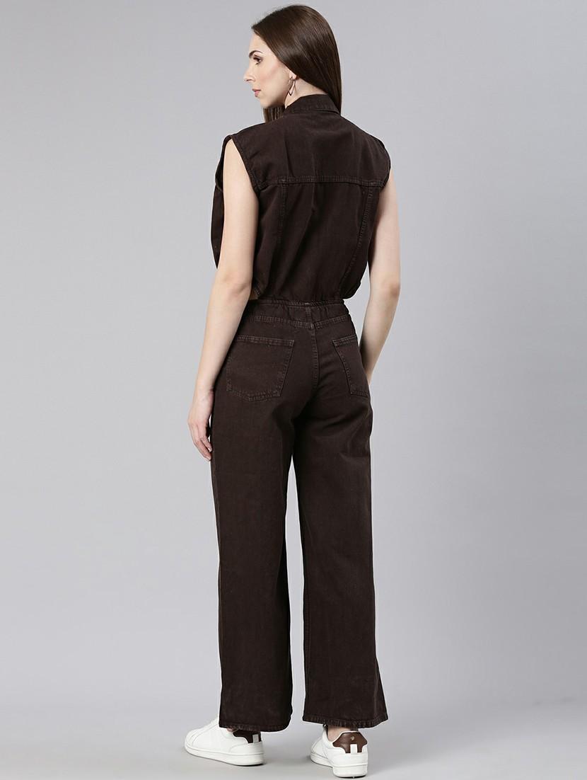 women coffee brown denim full leg jumpsuit - 20610459 - Standard Image - 2