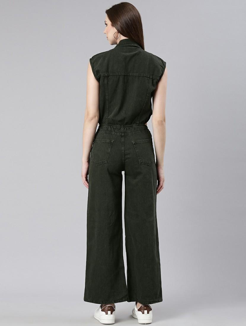 women dark olive denim full leg jumpsuit - 20610460 - Standard Image - 2