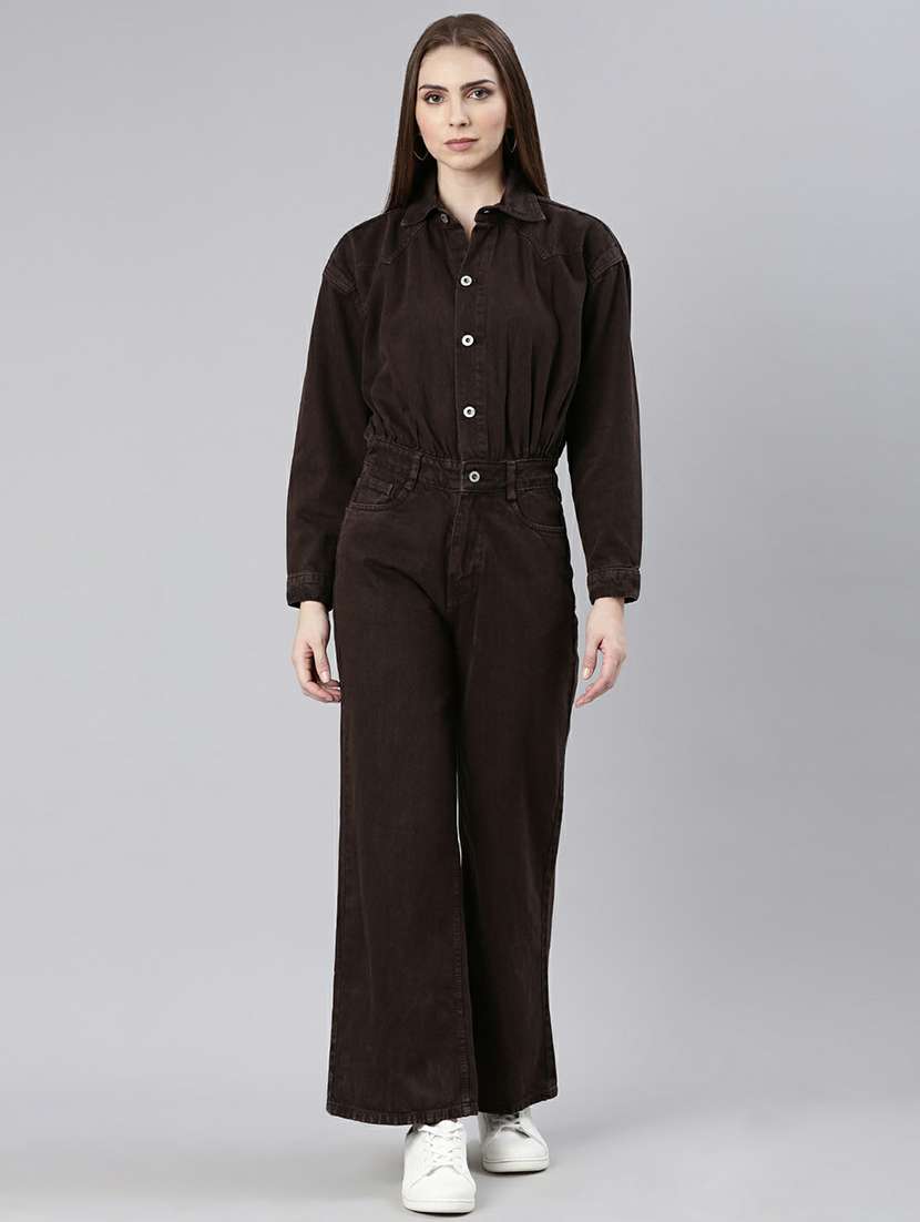 women coffee brown denim full leg jumpsuit