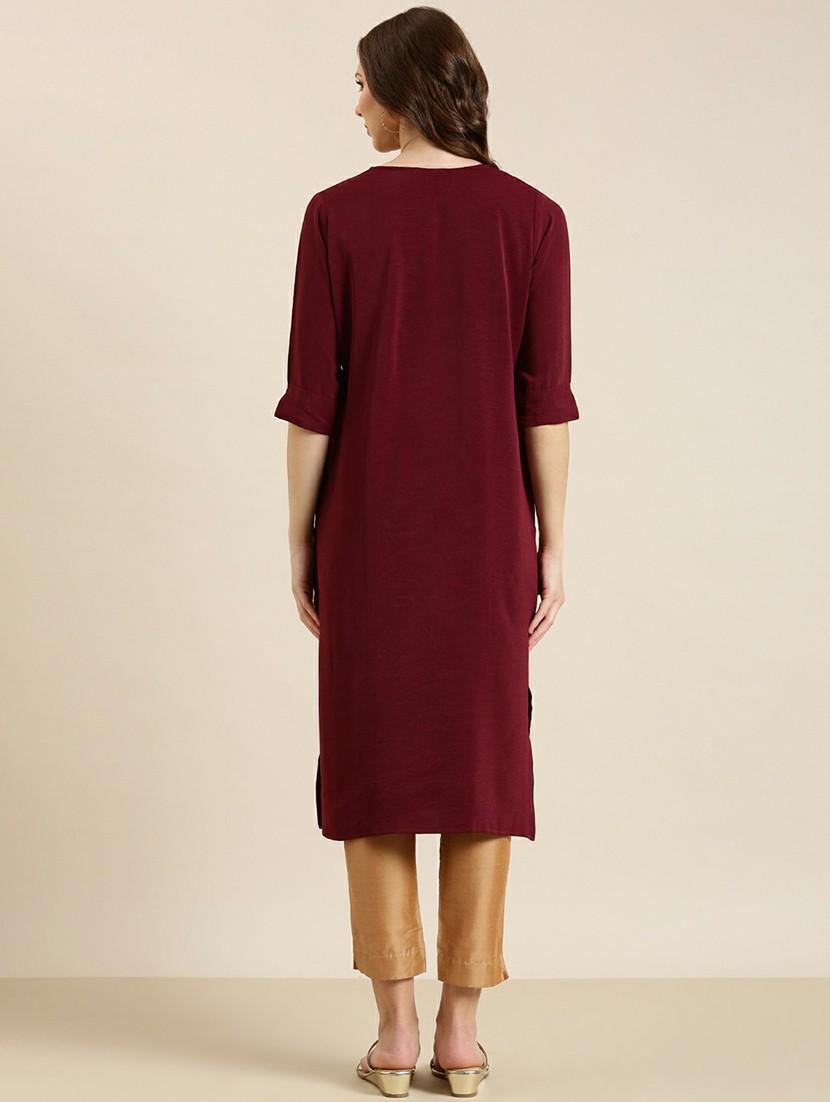 maroon crepe straight kurta - 20610469 - Standard Image - 2