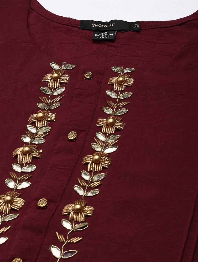 maroon crepe straight kurta - 20610469 - Standard Image - 7