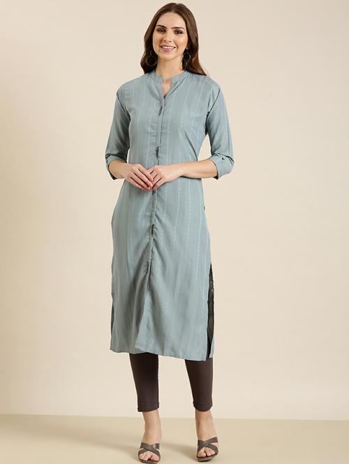 grey striped straight kurta - 20610473 -  Standard Image - 0