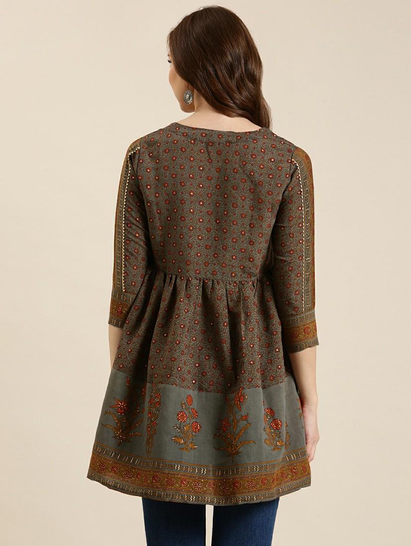 women brown round neck a-line kurti - 20610487 - Standard Image - 2