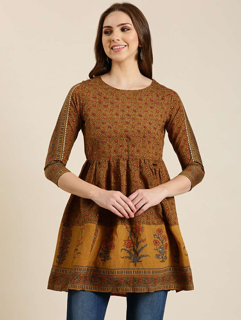 women mustard round neck a-line kurti