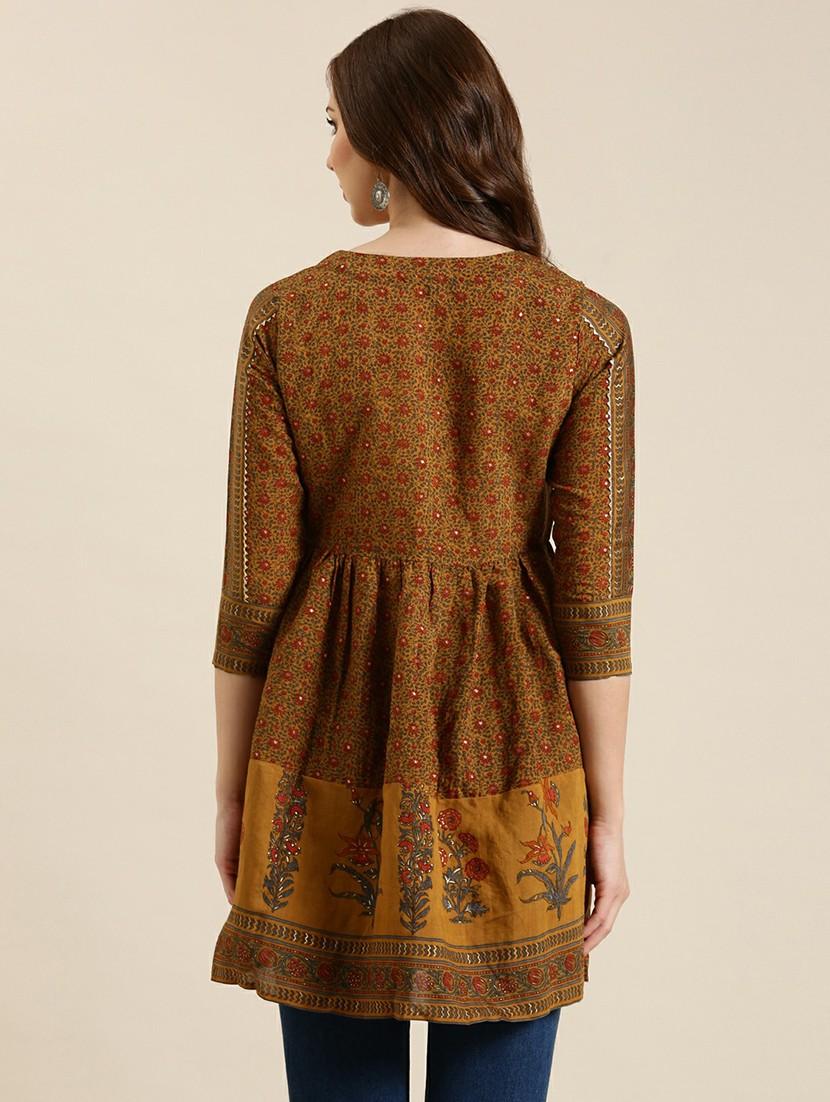 women mustard round neck a-line kurti - 20610488 - Standard Image - 2