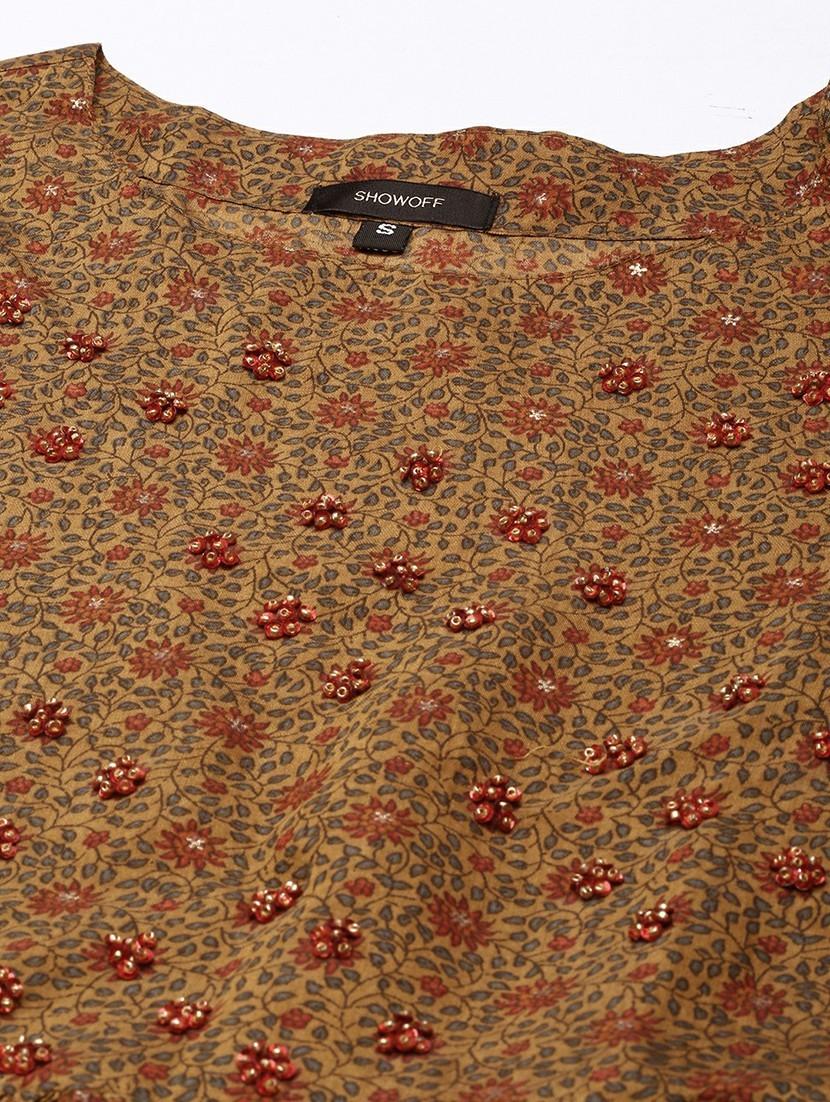 women mustard round neck a-line kurti - 20610488 - Standard Image - 7