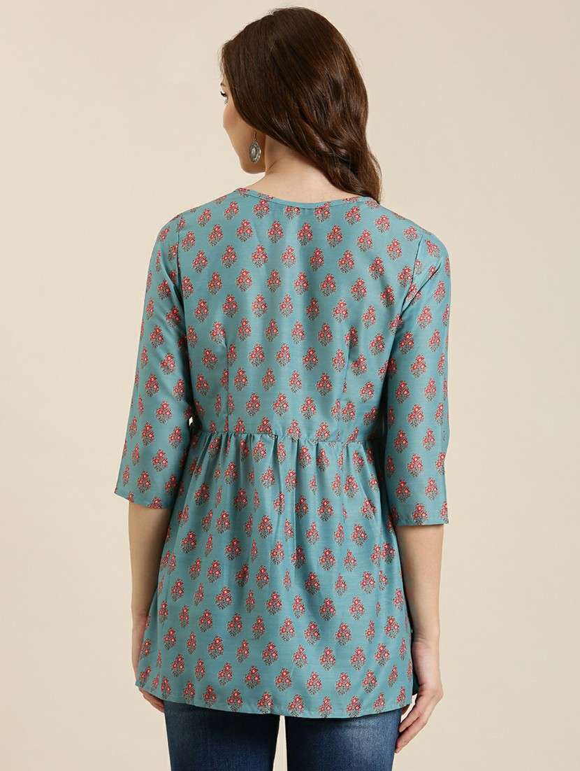 women light blue tie-up-neck a-line kurti - 20610490 - Standard Image - 2