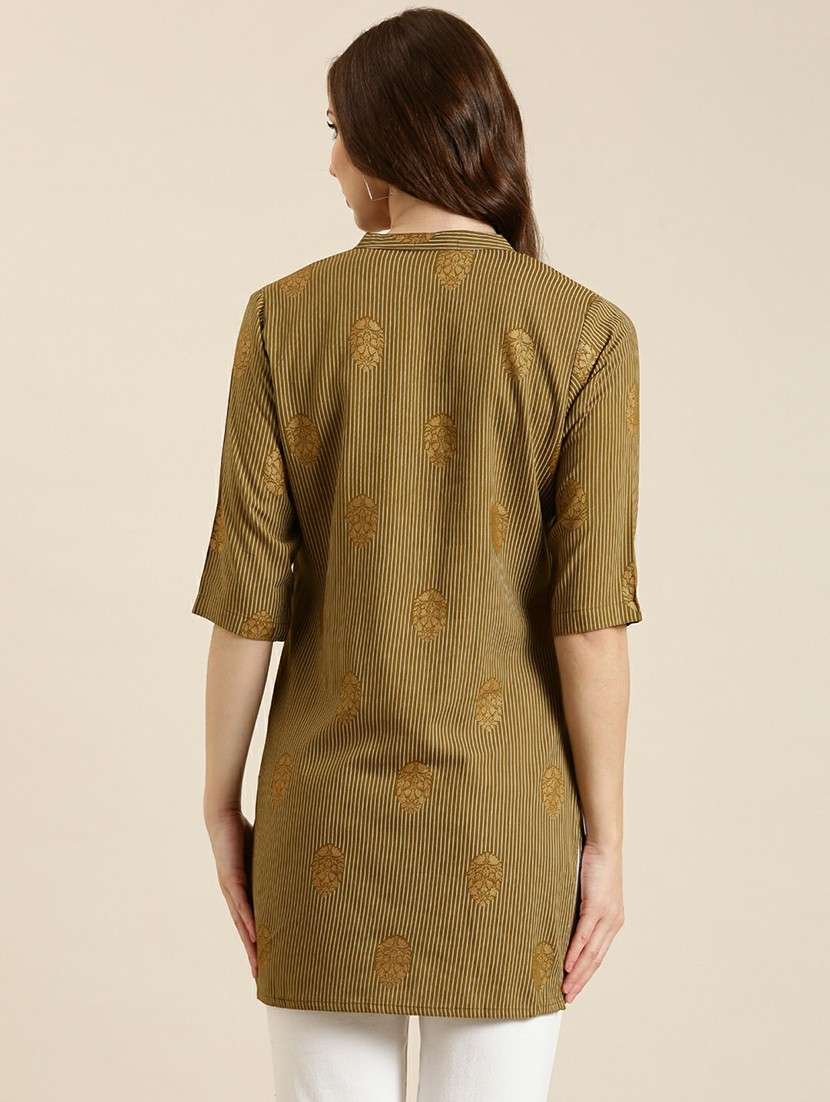women olive mandarin neck straight kurti - 20610491 -  Standard Image - 2