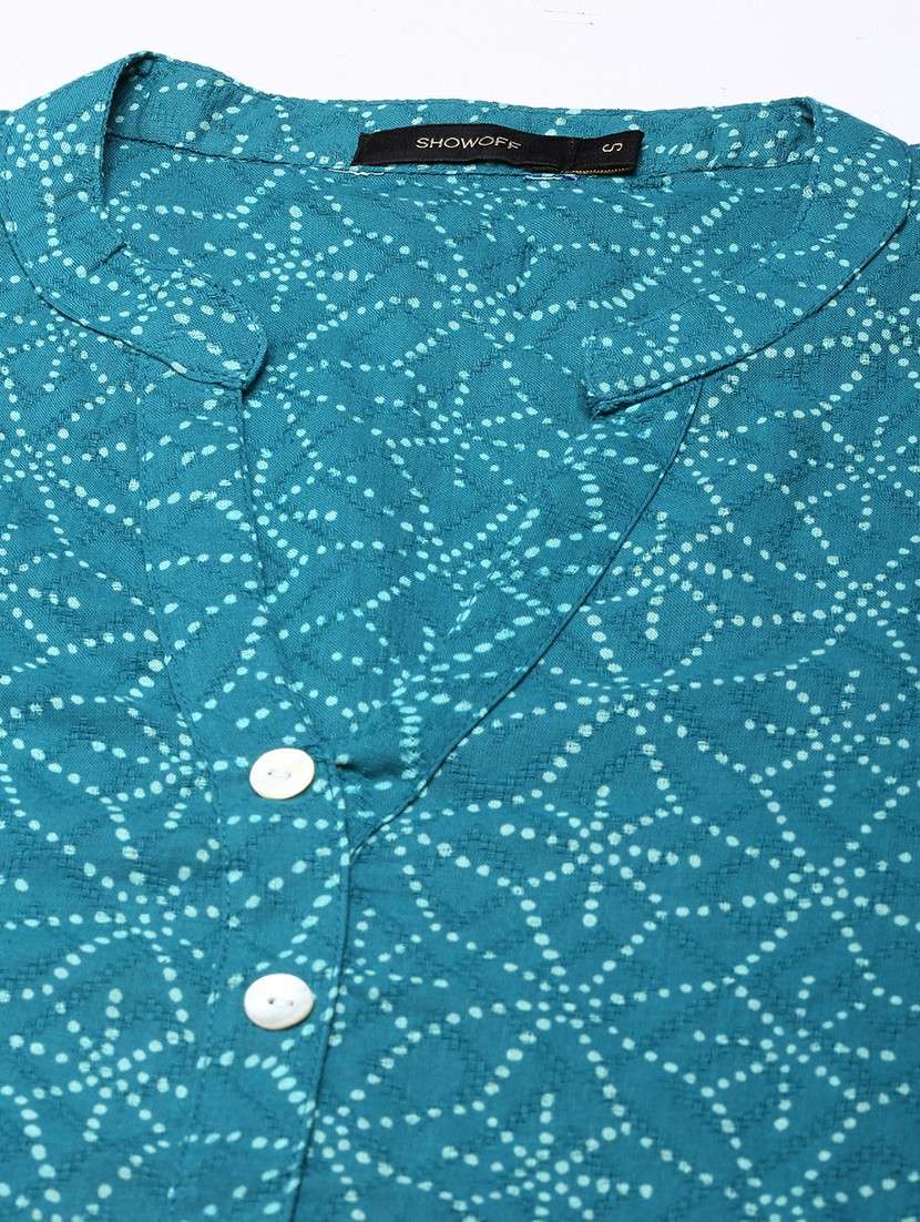 women turquoise mandarin neck straight kurti - 20610493 -  Standard Image - 7