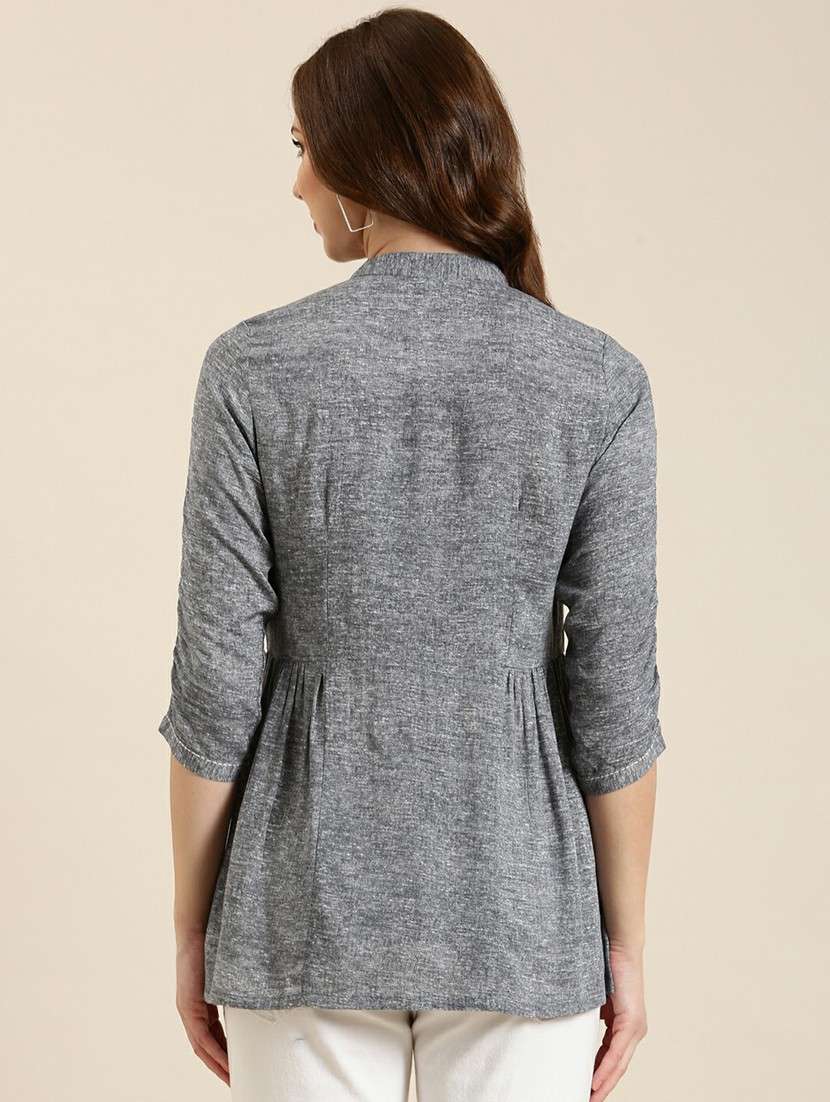 women grey mandarin neck a-line kurti - 20610499 -  Standard Image - 2