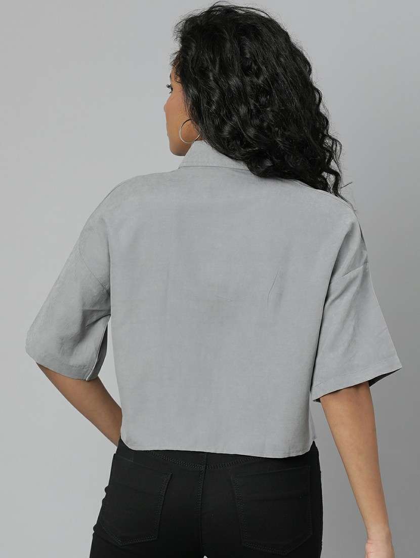 women grey solid crop shirt - 20610512 -  Standard Image - 2
