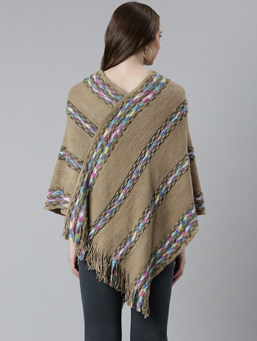 women khaki self designed poncho - 20610567 - Standard Image - 2