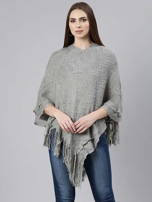 women grey self designed poncho - 20610568 -  Standard Image - 0