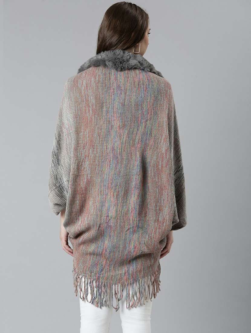 women grey collarless acrylic poncho - 20610606 -  Standard Image - 2