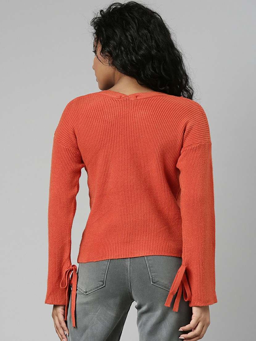 solid orange long sleeves v neck casual top - 20610659 -  Standard Image - 2