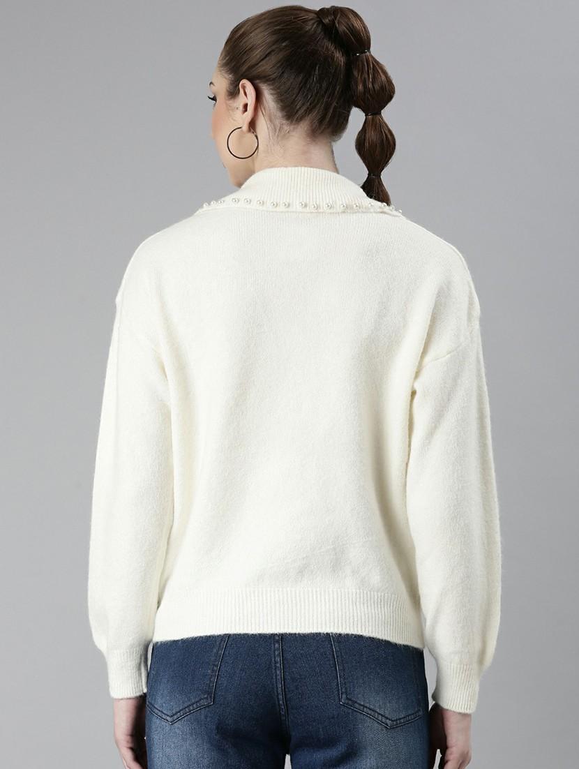 off white collared pearl detailed casual top - 20610667 - Standard Image - 2